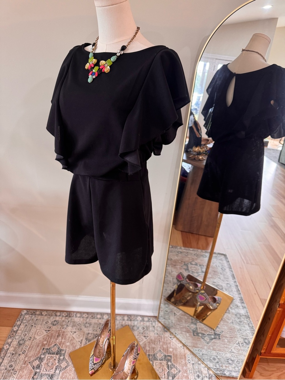black flutter sleeve open back romper